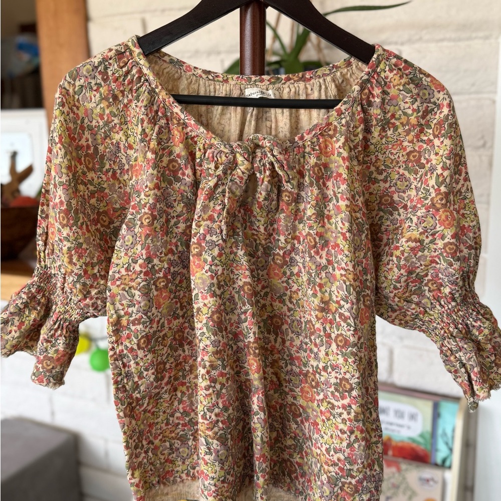 NATURAL LIFE Brown and Tan Tie Front Smocked Blouse